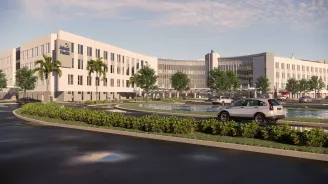 A render of the front entrance of AdventHealth Riverview