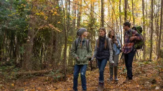 Family of four hiking in the forest