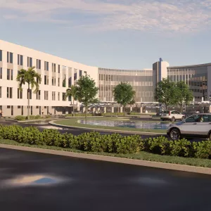 A render of the front entrance of AdventHealth Riverview