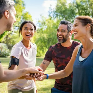 Group of active mature friends in park stacking hands after workout - stock photo