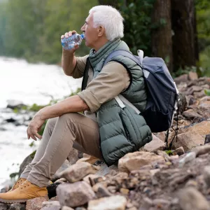 A man taking a water break on a hike.