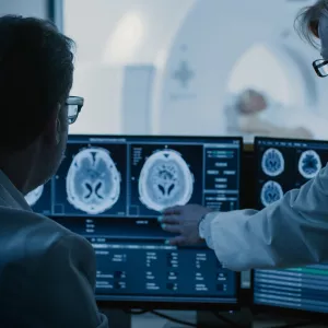 Radiologists looking at a brain scan while a patient is getting a CT scan.