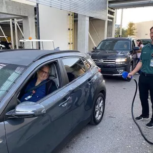 Team members receive fuel at AdventHealth Tampa following Hurricane Milton.