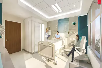A 3-D render of a patient's room at The Taneja Center