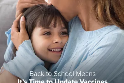 Social Media Graphic Available for Download of Mother and Son reminding about vaccines for back to school time