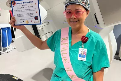 Dr. Catherine Hwang on her last day of radiation treatment.