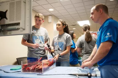 Students trying a surgical demo at the AdventHealth Gordon Robotic Surgical Outreach Program 2018.