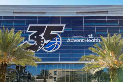 Orlando Magic 35th Anniversary presented by AdventHealth sign on the outside of the Kia Center in Orlando, Florida.