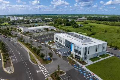 Overhead shot of the exterior of the AdventHealth Care Pavilion Central Pasco.