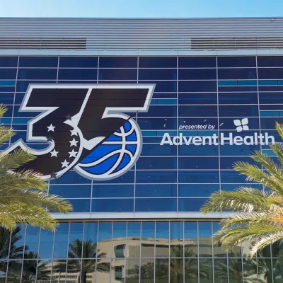 Orlando Magic 35th Anniversary presented by AdventHealth sign on the outside of the Kia Center in Orlando, Florida.