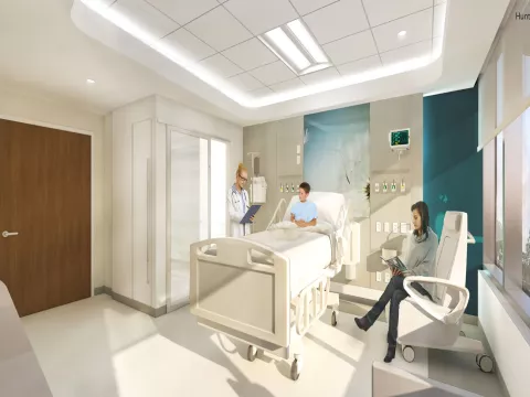 A 3-D render of a patient's room at The Taneja Center