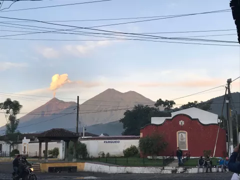 The Volcan de Fuego spits out a plume of ash in Antigua, Guatemala.