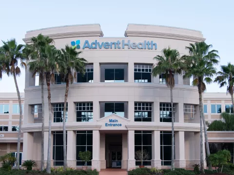 Exterior of the AdventHealth Palm Coast main entrance.