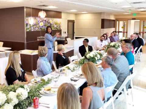 Karen Steely speaks at the Edna Owens Breast Center lunch