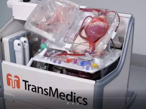 Side view of device that keeps a heart pumping after donor death