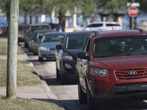 Line of cars for the Mars Hill Community Resource Spot food bank.