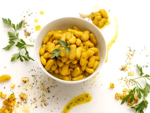 Bowl of Northern beans with green garnish and decorative herbs