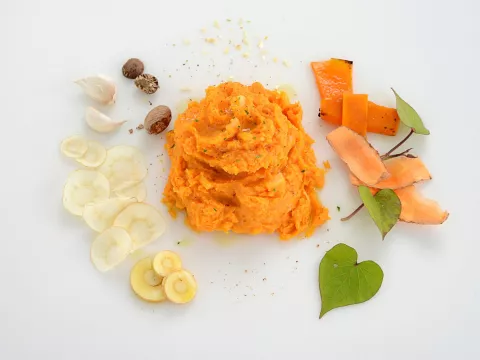 creamy, mashed parsnips and sweet potatoes, surrounded by chunks of both roots