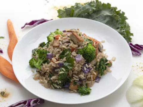 White bowl of fried rice with carrot and lettuce garnishes