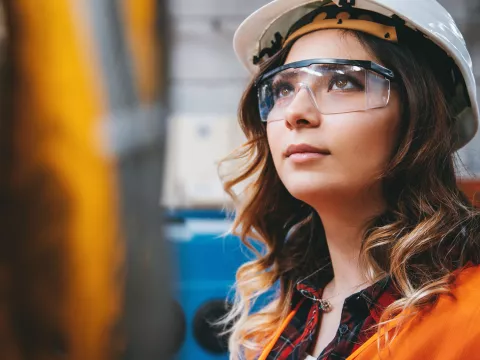 Worker Woman Wearing Hard Hat