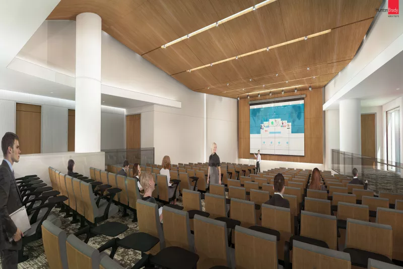 A 3-D render of the auditorium at the Taneja Center