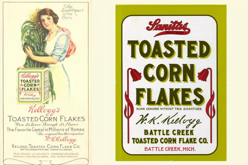 Ad for Kellogg's toasted corn flakes and front box design of Sanita's Toasted Corn Flakes.