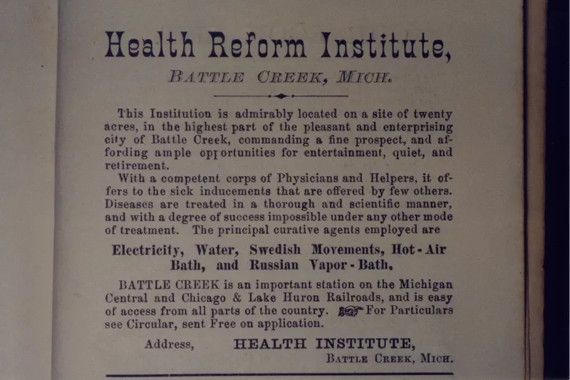 An ad for Health Reform Institute in Battle Creek, Michigan.