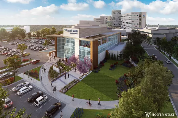 Rendering of new AdventHealth Cancer Center Shawnee Mission with hospital in background