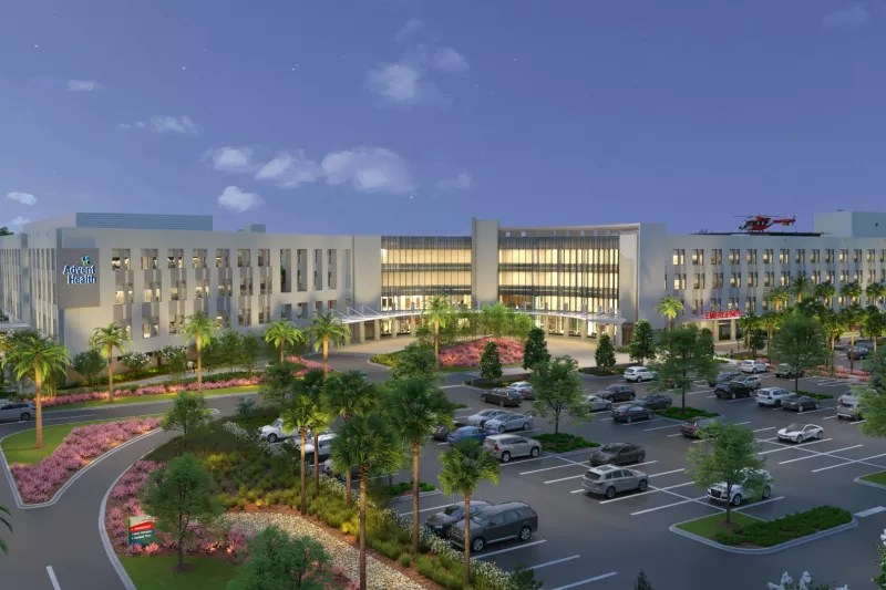Exterior rendering of AdventHealth Riverview at night.