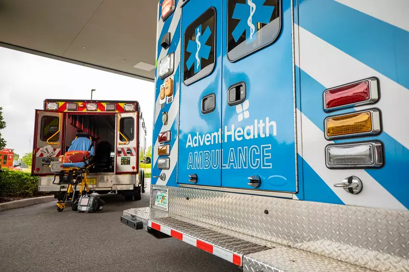 Ambulances parked at an AdventHealth facility