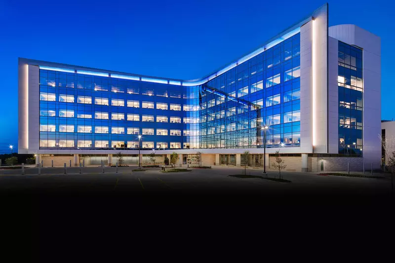 The V-shaped Texas Huguley building at night