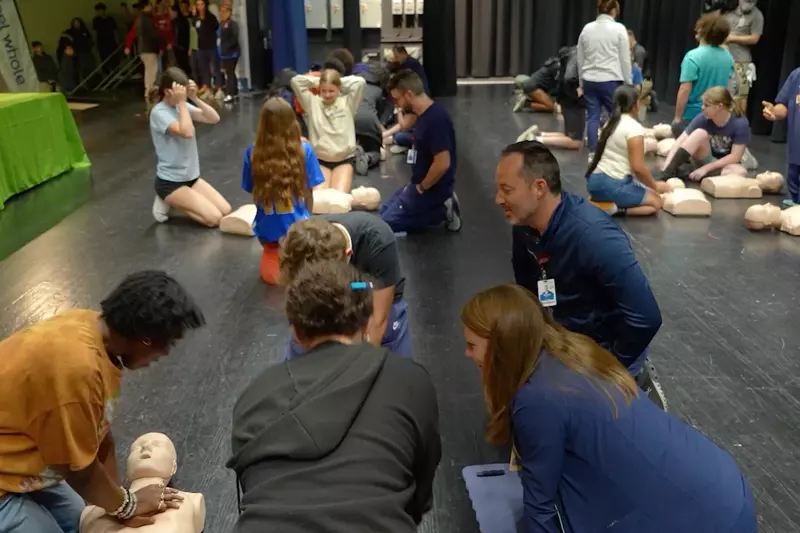 AdventHealth clinical team members teach hands-only CPR to Lyman High School students