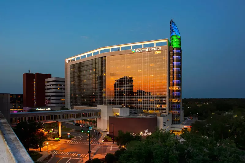 Beautiful Downtown Orlando Hospital as sunset reflects off the glass