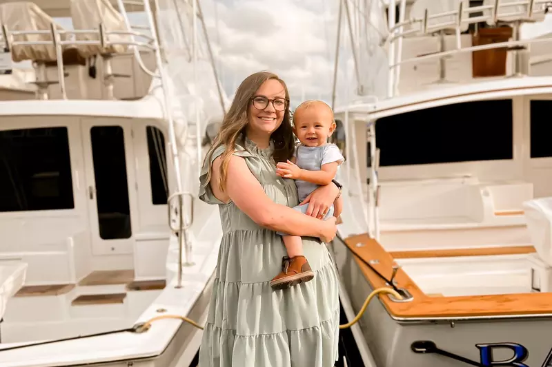 Morgan and her Sweet Baby Boy on a Boat Dock.