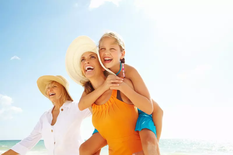 Tri-Generational family of women walking together on the beach