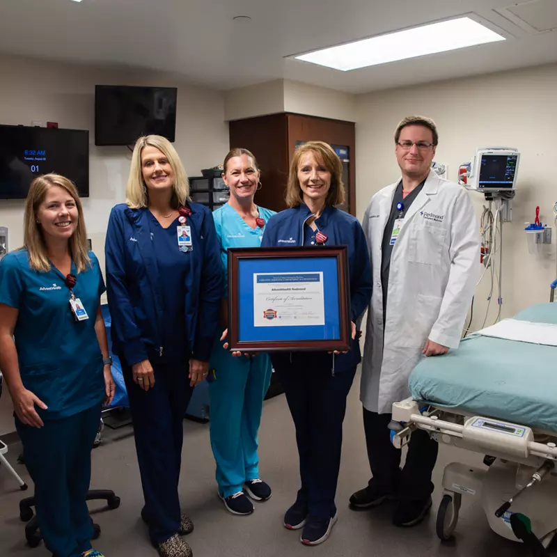 Members of the team who coordinated the GED included (left to right) Sarah Hardaker, manager of physical therapy, Meredith Qualley, emergency department manager, Helen Fishburn, registered dietician, Cindy Hoggard, director of emergency services and David Saunders, MD.