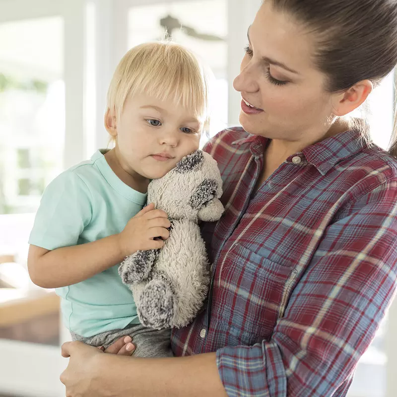 A Caucasian mother holds her young in the living room son with his stuffed animal. 