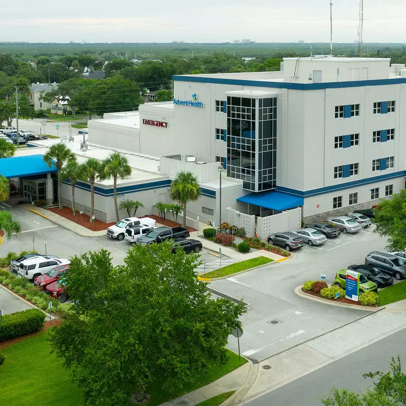 A bird's eye view of the AdventHealth New Smyrna building