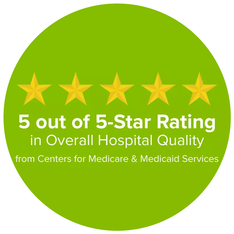 A logo of AdventHealth's CMS 5-star achievement in Overall Hospital Quality