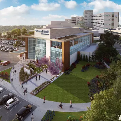 Rendering of new AdventHealth Cancer Center Shawnee Mission with hospital in background