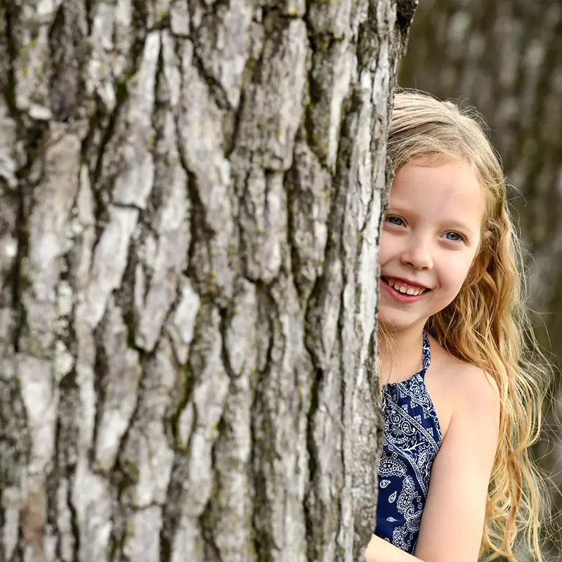 Girl Peeks Out From Behind A Tree