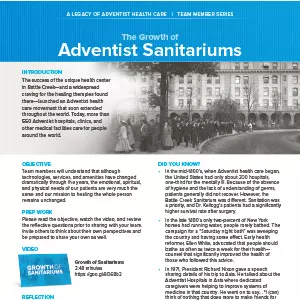 AdventHealth Legacy "The Growth of Adventist Sanitariums" series sheet page