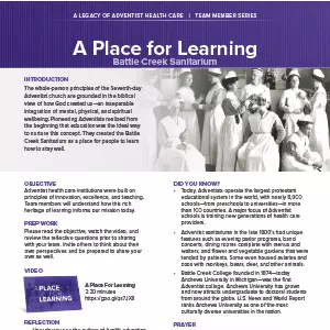 AdventHealth Legacy "A Place for Learning" series sheet page