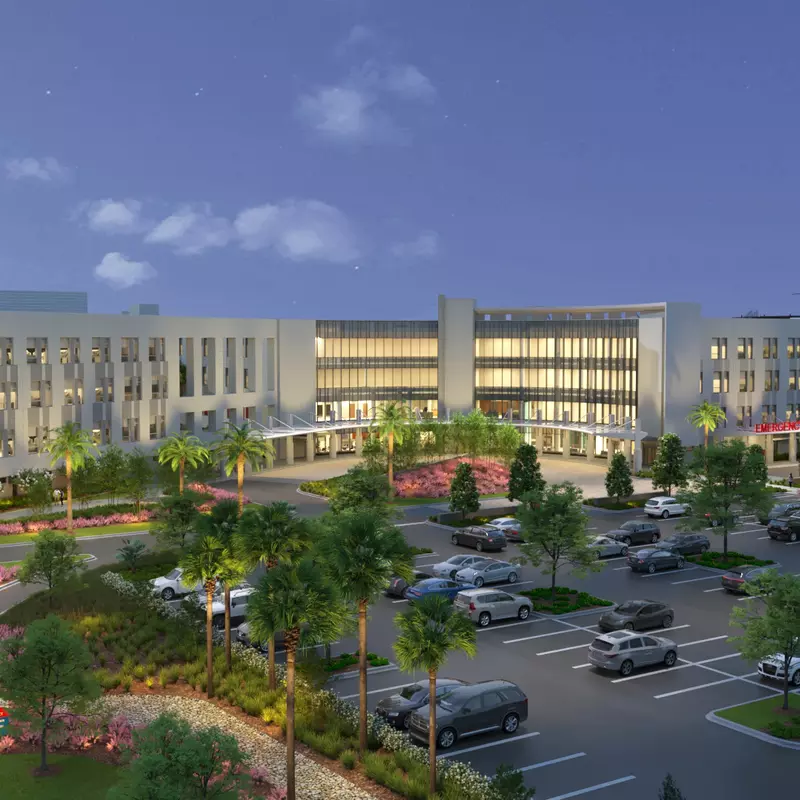 Exterior rendering of AdventHealth Riverview at night.