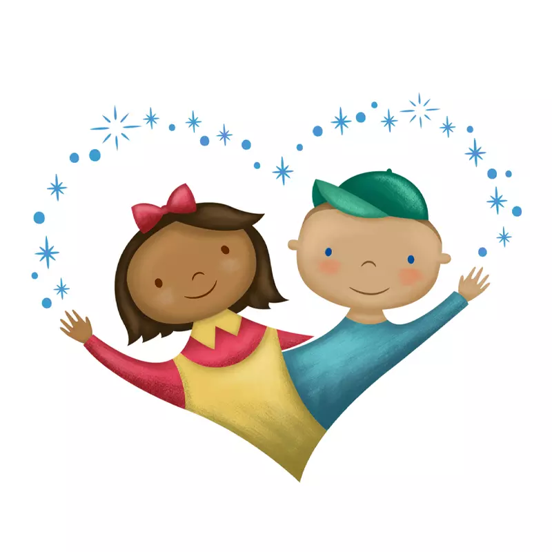 An Illustration of the AdventHealth for Children mascots Harry and Mary in the shape of a heart.