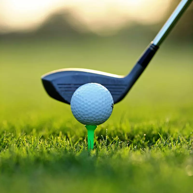 A close-up of a golf driver getting ready to hit the ball