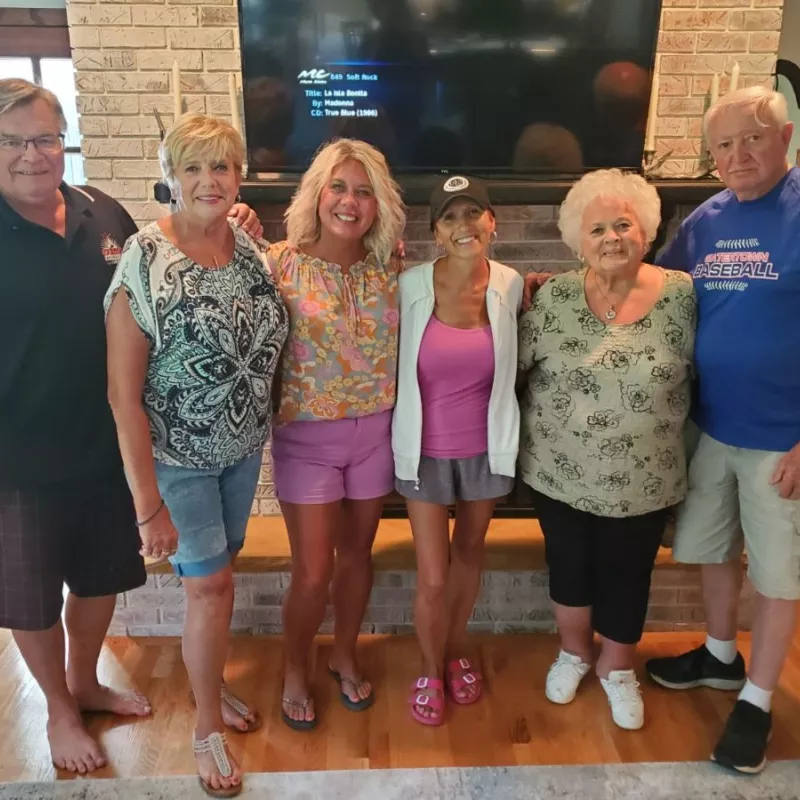 Prill said her Aunt Patti and Cousin Kathy were a major source of support during her cancer battle. (From L-R) Patti's Husband Lohny, Patti, Amy Prill, Amy's cousin Kathy, and Kathy's parents Judy and Wes. Photo courtesy of Amy Prill.