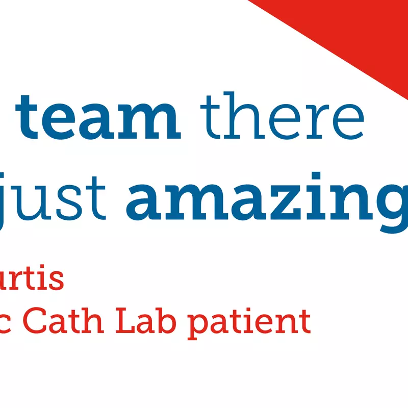 A banner of a patient testimony from Kim Cutris: "The team there was just amazing."