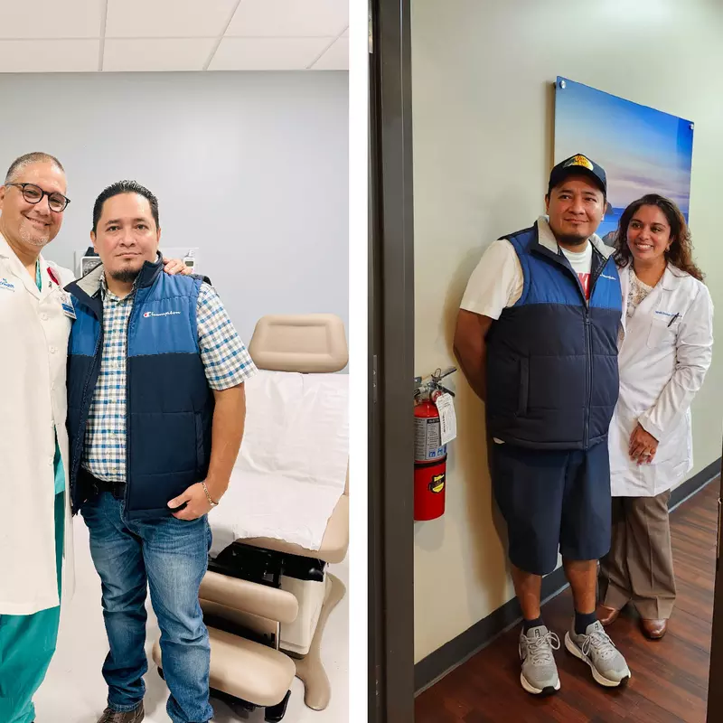 Colorectal cancer patient Alfredo Altamirano with Dr. Norbert Garcia-Henriquez and Dr. Sarah George.