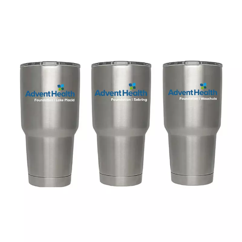 Three AdventHealth insulated metal cups
